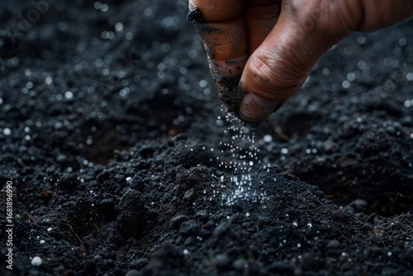 Obraz A close-up of a human hand sprinkling chemical fertilizer granules onto dark, moist soil, highly detailed, ultra-realistic, macro photography, natural lighting, visible soil texture.