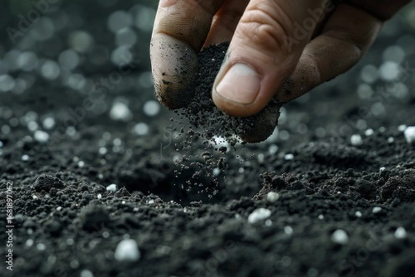 Fototapeta A close-up of a human hand sprinkling chemical fertilizer granules onto dark, moist soil, highly detailed, ultra-realistic, macro photography, natural lighting, visible soil texture.