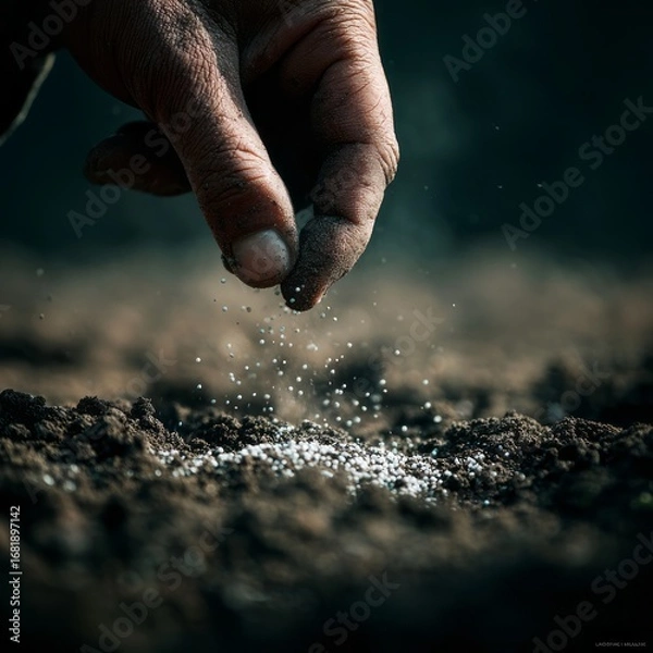 Fototapeta A close-up of a human hand sprinkling chemical fertilizer granules onto dark, moist soil, highly detailed, ultra-realistic, macro photography, natural lighting, visible soil texture.