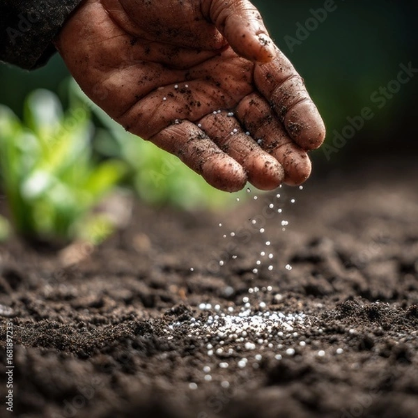 Obraz A close-up of a human hand sprinkling chemical fertilizer granules onto dark, moist soil, highly detailed, ultra-realistic, macro photography, natural lighting, visible soil texture.