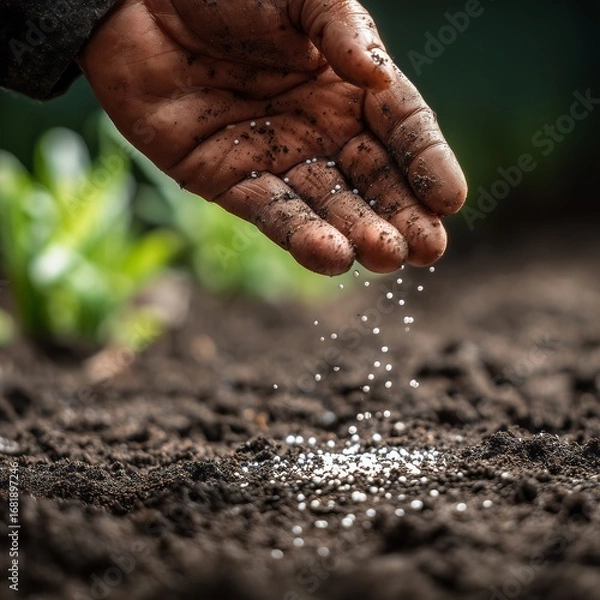 Obraz A close-up of a human hand sprinkling chemical fertilizer granules onto dark, moist soil, highly detailed, ultra-realistic, macro photography, natural lighting, visible soil texture.