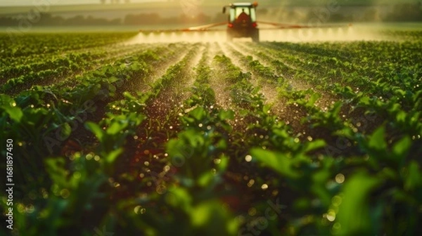 Fototapeta A close-up ultra-realistic scene of a farmer in a wide green field applying chemical fertilizer to crops using a modern sprayer, visible mist of fertilizer particles in the air
