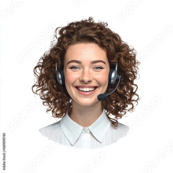 Fototapeta call center, happy beautiful woman, front view, blurred office background, realistic
