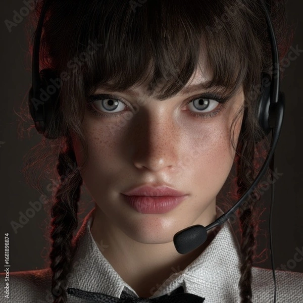 Obraz call center, happy beautiful woman, front view, blurred office background, realistic