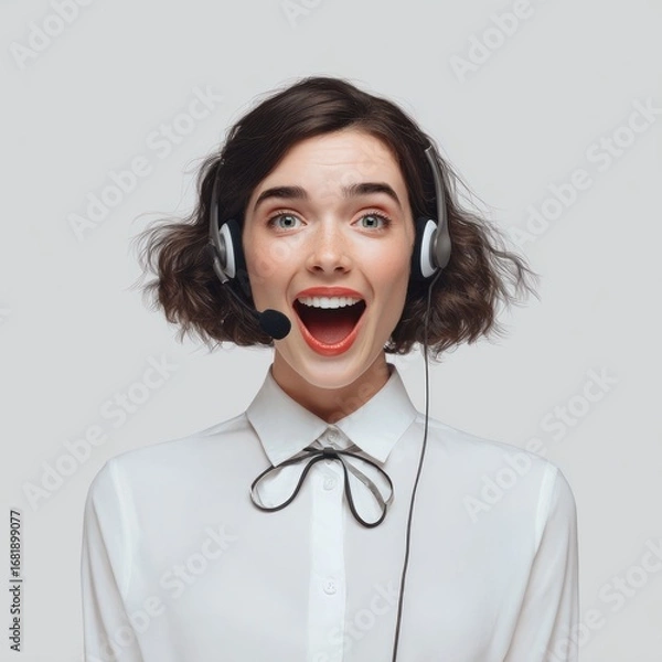 Fototapeta call center, happy beautiful woman, front view, blurred office background, realistic