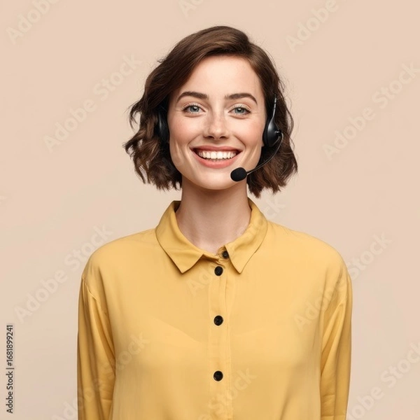 Fototapeta call center, happy beautiful woman, front view, blurred office background, realistic
