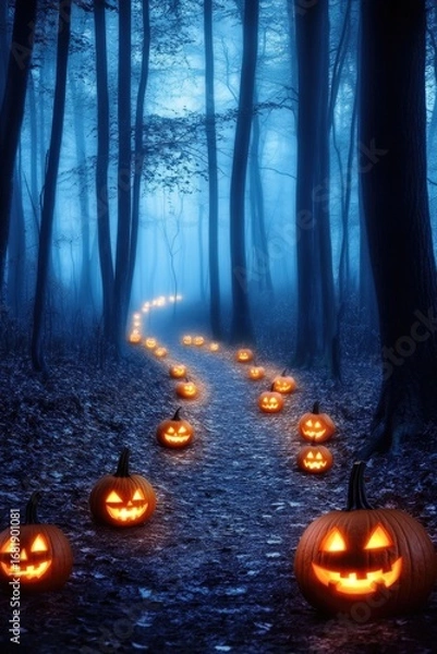 Fototapeta Enchanted forest pathway with glowing jack-o'-lanterns and mysterious atmosphere