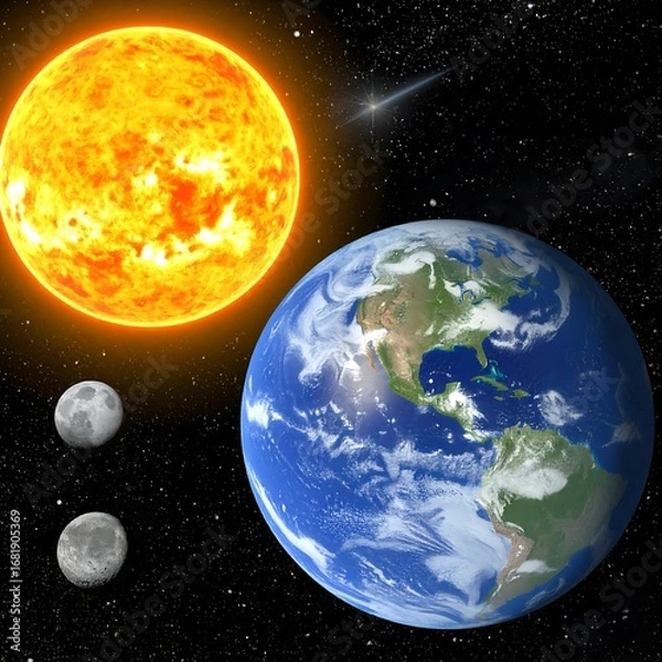 Fototapeta A vibrant portrayal of the sun, earth, and moon in space, showcasing the celestial bodies' relative sizes and positions.