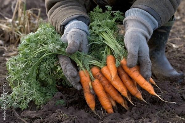 Fototapeta Close-up of gloved hands harvesting freshly pulled carrots with green tops from dark soil