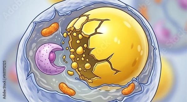 Fototapeta A detailed microscopic illustration of a eukaryotic cell undergoing apoptosis, showing the nucleus and a disintegrating lipid droplet