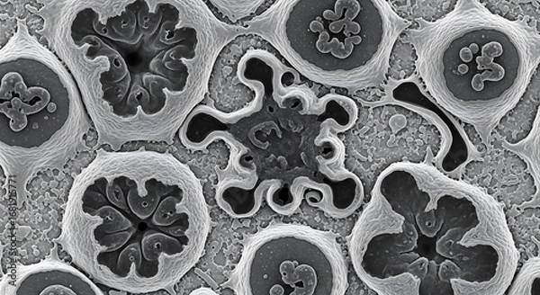 Fototapeta High-resolution scanning electron micrograph of crenated red blood cells, showing the detailed spiky cell membrane of echinocytes