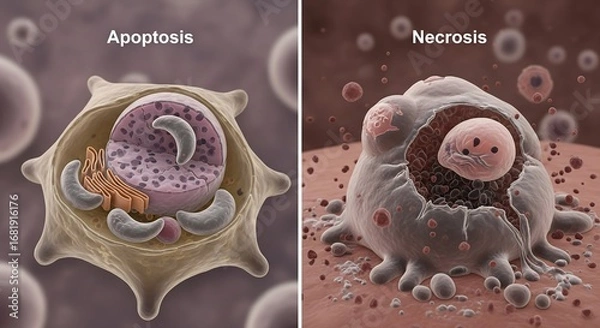 Fototapeta Detailed 3D medical illustration comparing programmed cell death with necrotic cellular lysis and inflammation