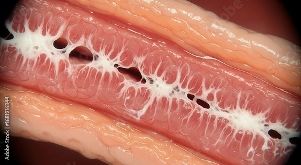 Fototapeta Anatomical cross-section of the intestine displaying prominent white lacteals after the digestion and absorption of dietary fats