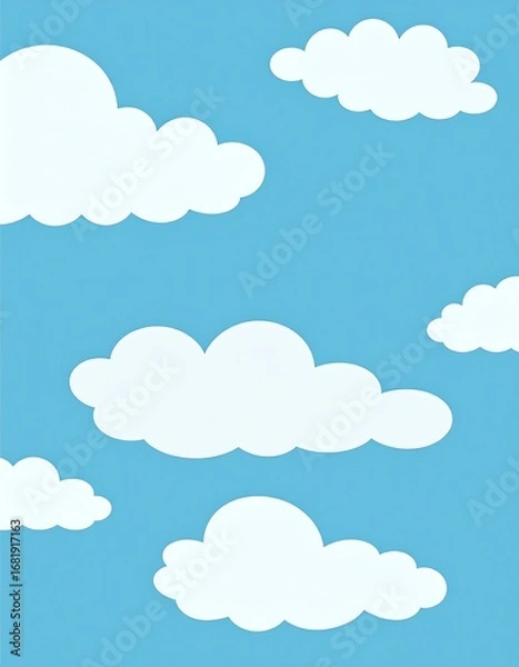 Fototapeta Simple, stylized clouds float against a vibrant, light-blue sky, creating a cheerful and serene visual.