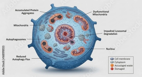 Fototapeta A detailed diagram illustrating the process of cellular aging, showing impaired autophagy, dysfunctional mitochondria, and protein aggregation