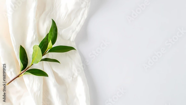 Obraz A green branch with leaves on a white fabric, isolated on white background