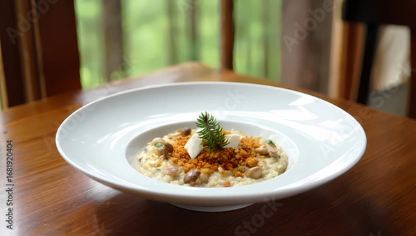 Fototapeta Elegant pasta dish with creamy mushroom sauce, truffle, and cheese, served on a white plate in a fine dining restaurant setting
