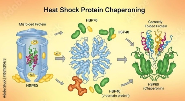 Fototapeta Molecular illustration of the chaperone machinery correcting a misfolded polypeptide chain using ATP for proper protein folding