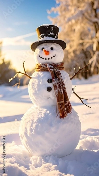 Fototapeta A joyful snowman stands in a snowy landscape, adorned with a brown scarf and a top hat, bathed in warm sunlight.