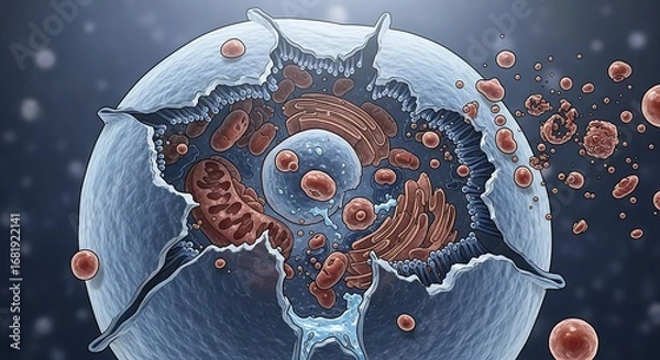 Fototapeta Detailed scientific illustration of a human cell undergoing apoptosis, showing the ruptured membrane and exposed organelles like the nucleus and mitochondria