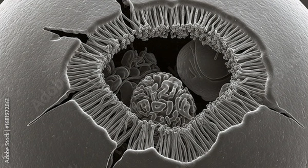 Fototapeta Monochrome electron micrograph capturing the intricate details inside a fractured microsphere, revealing a hidden world of complex particles