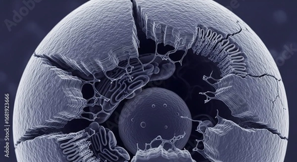 Fototapeta A false-color scanning electron micrograph of a fractured microscopic sphere, revealing its intricate internal organelles and layered structure