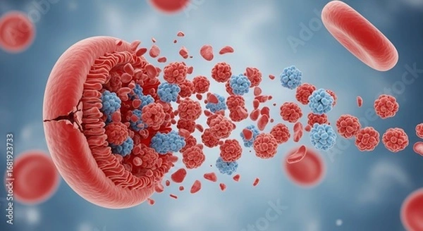 Fototapeta Advanced 3D rendering of a red blood cell disintegrating, releasing therapeutic particles or viruses into the circulatory system for medical research