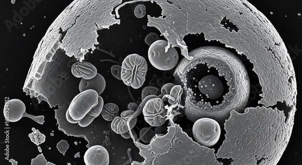 Fototapeta Monochrome scanning electron micrograph of a cracked microsphere revealing its complex internal contents and various smaller particles