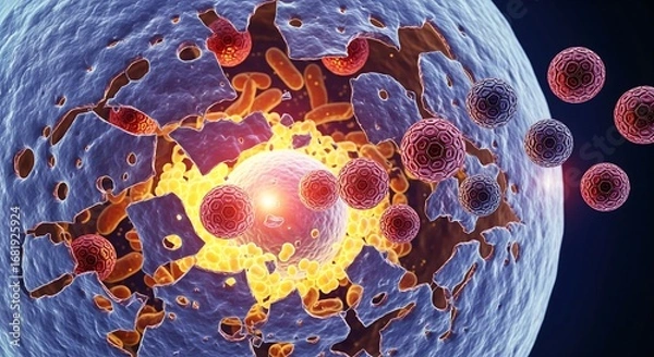 Fototapeta Artistic microscopic view of a diseased human cell undergoing apoptosis and destruction from a viral infection