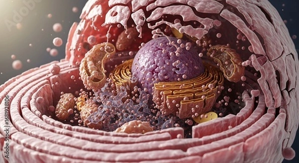 Fototapeta Detailed 3D rendering of a eukaryotic animal cell cross-section, showcasing the intricate organelles like the nucleus and mitochondria