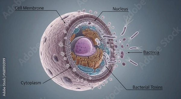 Fototapeta A detailed 3D visualization showing the microscopic process of pathogenic bacteria invading a biological host cell