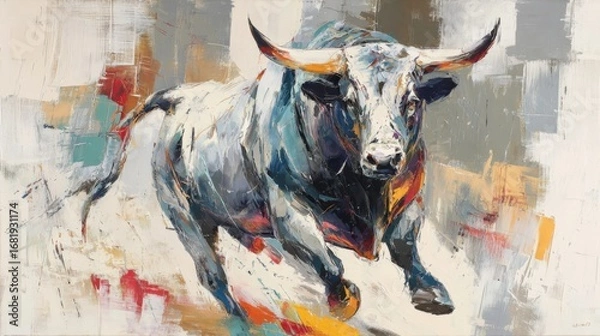 Fototapeta A powerful bull in mid-charge showcases bold brushstrokes and vibrant colors, creating a sense of energy and motion against a textured background. The artwork emphasizes strength and vitality