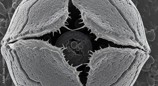 Fototapeta Detailed macro view of a prehistoric microorganism's crystalline shell, a complex natural structure captured with scientific imaging technology