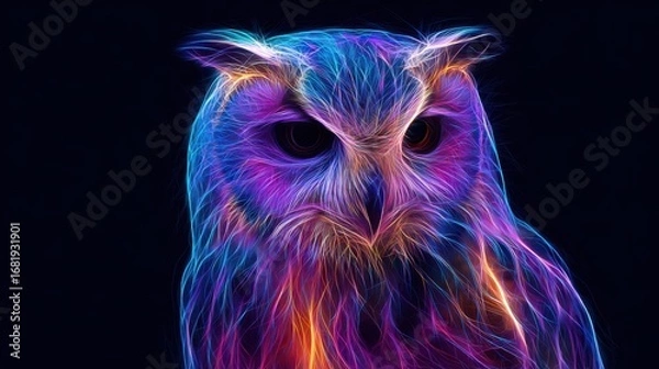 Fototapeta A striking digital artwork showcases an owl featuring bright neon colors and intricate lines. The contrasting dark background enhances its vivid appearance, creating an eye-catching effect