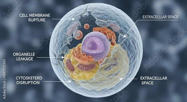 Fototapeta Scientific visualization of cellular lysis, a detailed 3D illustration of a dying cell showing organelle damage and membrane rupture