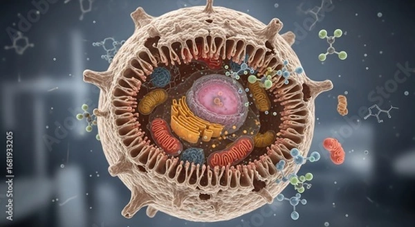 Fototapeta A comprehensive digital rendering of a human cell cross-section, illustrating its organelles and biological functions in detail