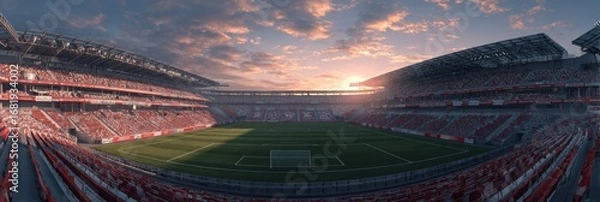 Fototapeta Breathtaking sunset over an empty soccer stadium filled with anticipation before the evening match commences