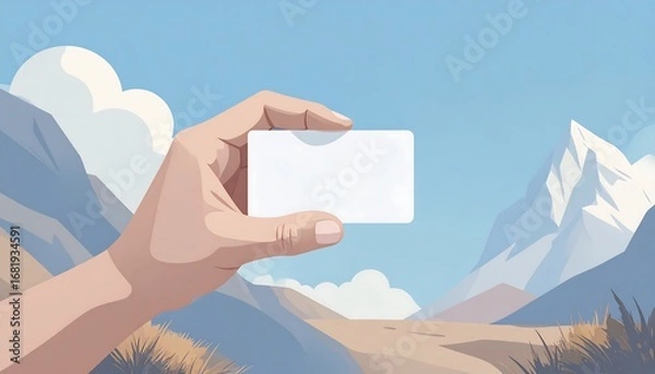 Obraz A hand holds a blank business card against a backdrop of mountains and a clear sky, showcasing a serene and inviting landscape.