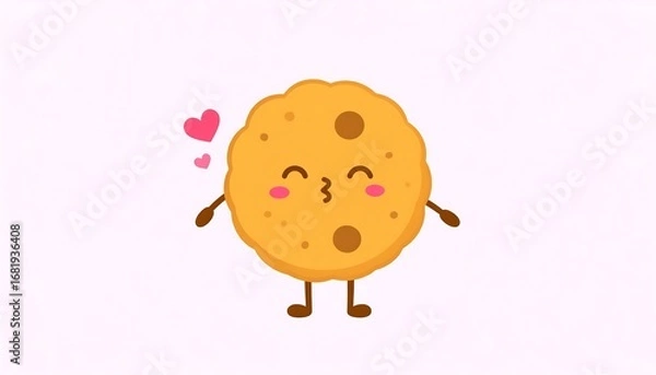 Obraz A cute, cartoon cookie character, colored gold, is playfully blowing kisses, set against a plain, light background.