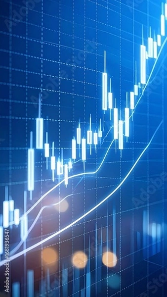 Fototapeta A detailed graphic displays a rising  market trend with clear candle charts and a highlighted upward line graph.