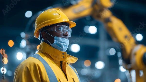 Fototapeta African american man in hard hat and safety mask. Engineer and worker in factory, industrial or construction setting.