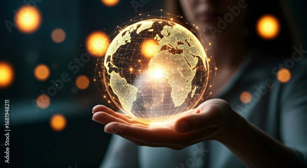 Fototapeta A woman holds a glowing digital earth in her hand with a network of connections. Global communication and technology.