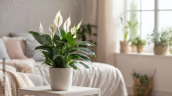 Fototapeta Peace lily plant in a pot on a table in a bright room.