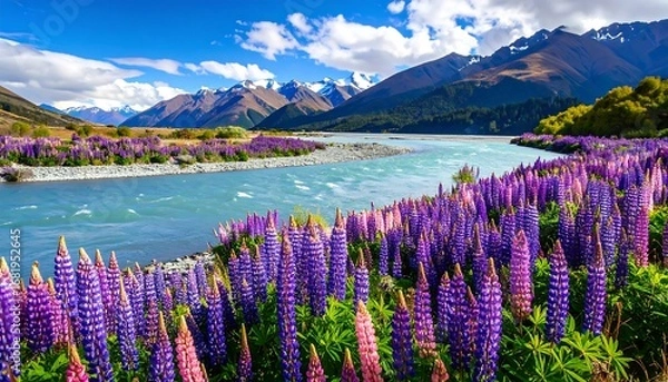 Fototapeta A vibrant river winds through a field of stunning lupines, nestled amongst majestic mountains under a bright, sunny sky.