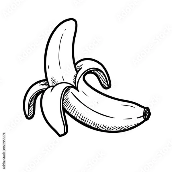 Fototapeta Hand-drawn illustration of a partially peeled banana with a white background and subtle shadow. Cartoon doodle style, perfect for healthy food and snack concepts.