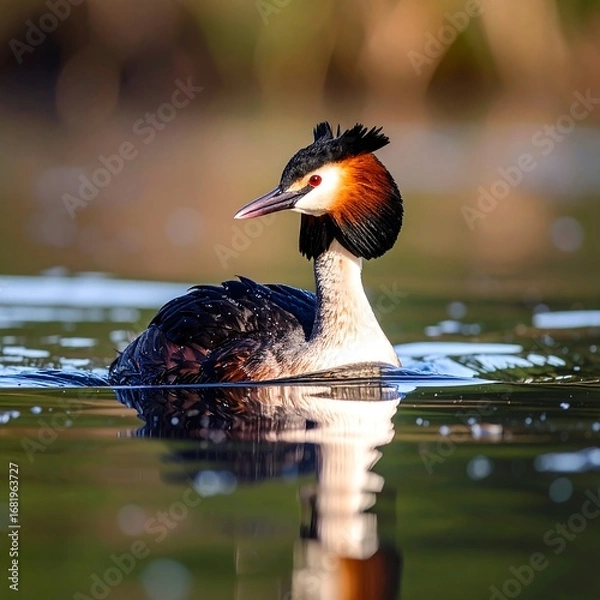 Fototapeta A beautiful great crested grebe gracefully gliding across a serene lake, showcasing its vibrant plumage and reflective surface.