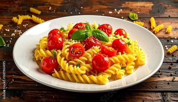 Fototapeta A plate of spiral pasta is adorned with vibrant cherry tomatoes and fresh basil leaves, garnished with grated cheese, creating a delectable and inviting culinary presentation.