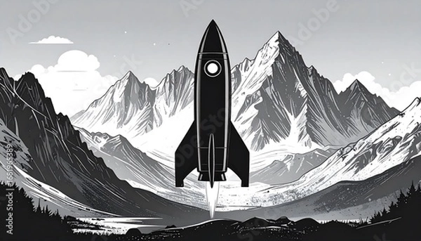 Fototapeta A black rocket ship ascends into a breathtaking mountain landscape, conveying a powerful message of exploration and ambition.