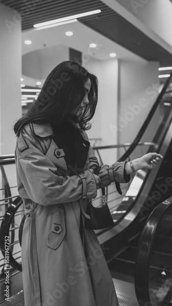 Fototapeta Stylish woman in trench coat with black purse standing near escalator in contemporary shopping center, gazing upwards thoughtfully, surrounded by minimalistic architecture