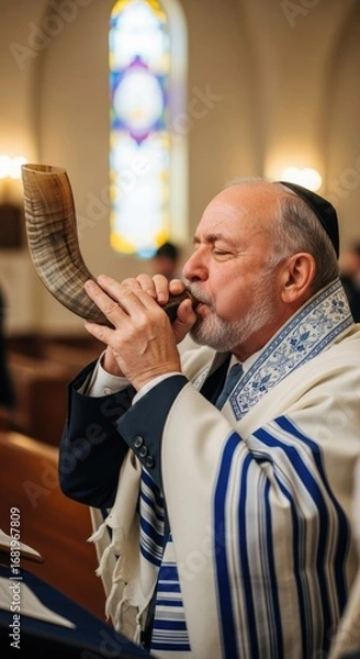 Fototapeta Senior Jewish man wearing tallit and kippah reverently blowing a ram horn shofar inside a synagogue. This traditional act marks Rosh Hashanah, celebrating the Jewish New Year.